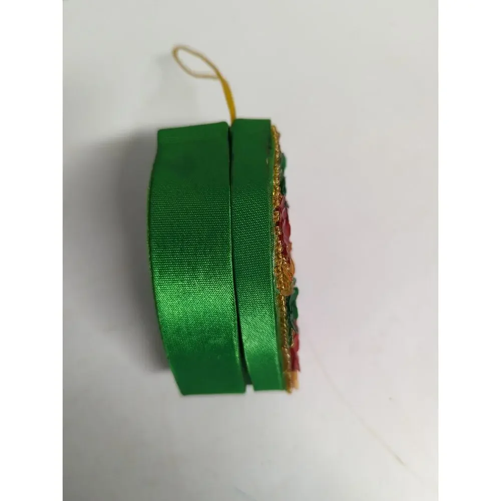 Vtg 4” Christmas Ornament Green With Colored Sequin Bead Trinket Box Ornament